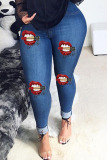 Dark Blue Casual Lips Printed Buttons Mid Waist Skinny Jeans