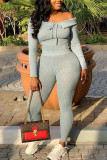 Grey Fashion Sexy Solid Basic Bateau Neck Long Sleeve Off The Shoulder Regular Two Pieces