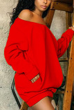 Red Sexy Solid Split Joint Oblique Collar Tops