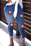 Dark Blue Casual Lips Printed Buttons Mid Waist Skinny Jeans