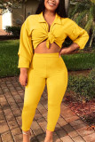 Yellow Fashion Casual Solid Basic Turndown Collar Long Sleeve Regular Sleeve Two Pieces