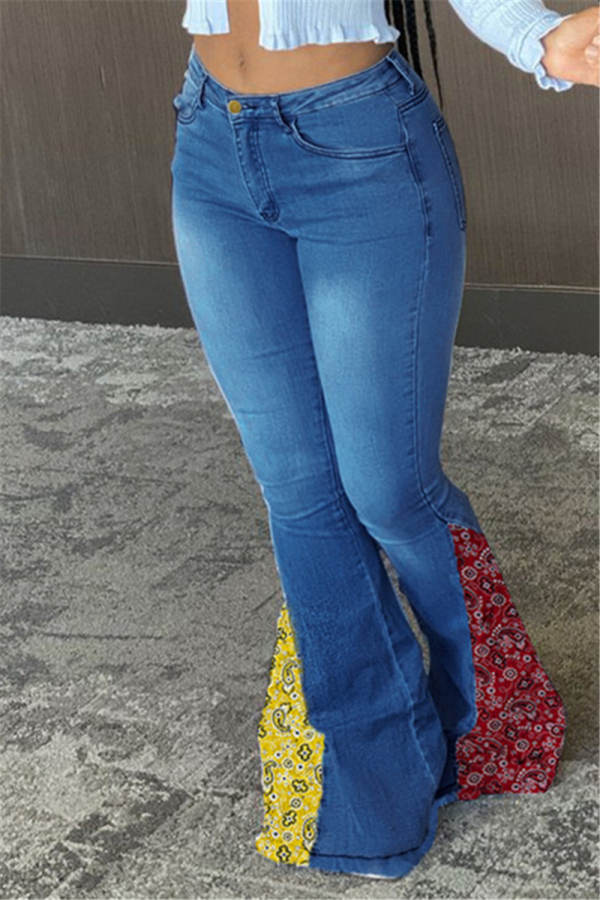 Blue Fashion Casual Patchwork Split Joint Mid Waist Regular Jeans