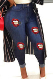 Blue Casual Lips Printed Buttons Mid Waist Skinny Jeans