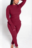Wine Red Casual Solid Split Joint O Neck Plus Size Set