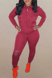 rose red Fashion Solid Ripped Hooded Collar Long Sleeve Two Pieces