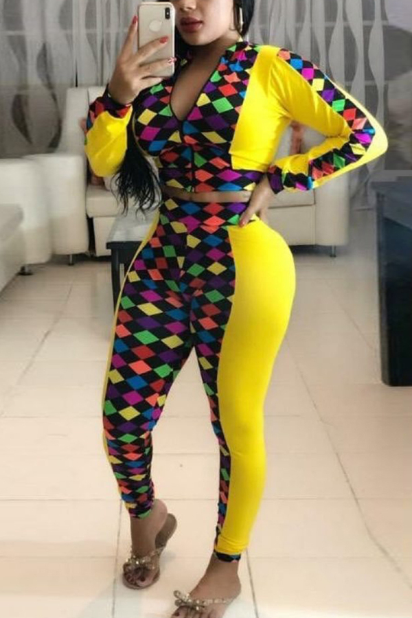 Yellow venetian Casual Print Two Piece Suits Patchwork Straight Long Sleeve Two-piece Pants Set