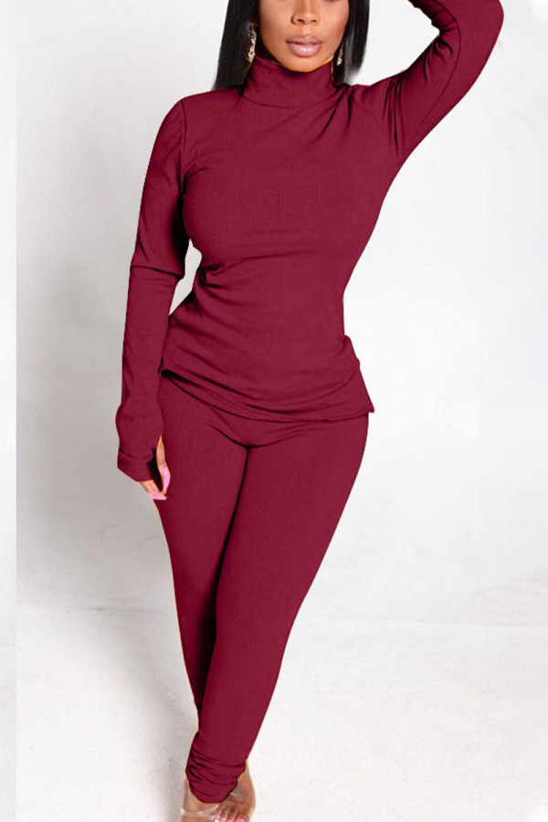 Wine Red Casual Solid Split Joint O Neck Plus Size Set