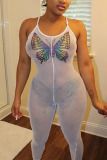 White Sexy Butterfly Print Make Old See-through Spaghetti Strap Regular Jumpsuits