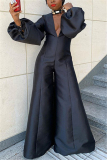 Black Fashion Casual V Neck Long Sleeve Regular Sleeve Regular Solid Jumpsuits