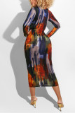 multicolor Fashion Sexy Print Basic V Neck Long Sleeve Mid Calf Printed Dress Dresses