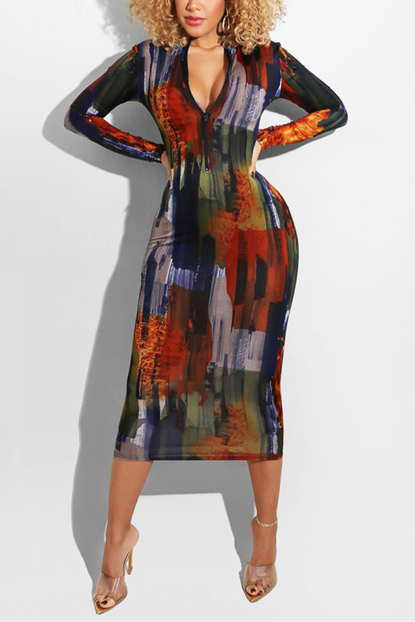 multicolor Fashion Sexy Print Basic V Neck Long Sleeve Mid Calf Printed Dress Dresses
