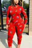 Red Sexy Print O Neck Regular Jumpsuits