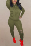 Army Green Fashion Solid Ripped Hooded Collar Long Sleeve Two Pieces
