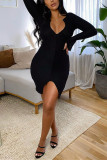 Black Fashion Sexy Solid Basic V Neck A Line Dresses