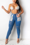 Baby Blue Fashion Casual Patchwork Ripped Patchwork High Waist Skinny Jeans