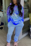 Blue Casual Print Hooded Collar Long Sleeve Two Pieces
