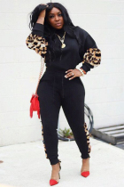Black Fashion adult Casual Leopard Print Two Piece Suits Patchwork pencil Long Sleeve Two-piece