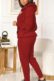 Wine Red Casual Solid Hooded Collar Long Sleeve Two Pieces