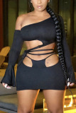 Black Sexy Party Solid Hollowed Out Split Joint Frenulum One Shoulder Long Sleeve Two Pieces