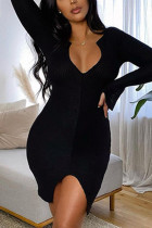 Black Fashion Sexy Solid Basic V Neck A Line Dresses