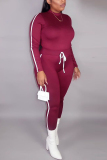 Purplish Red Fashion Casual Solid Split Joint Half A Turtleneck Long Sleeve Two Pieces