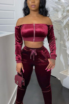 Wine Red Sexy Solid Bateau Neck Two Pieces