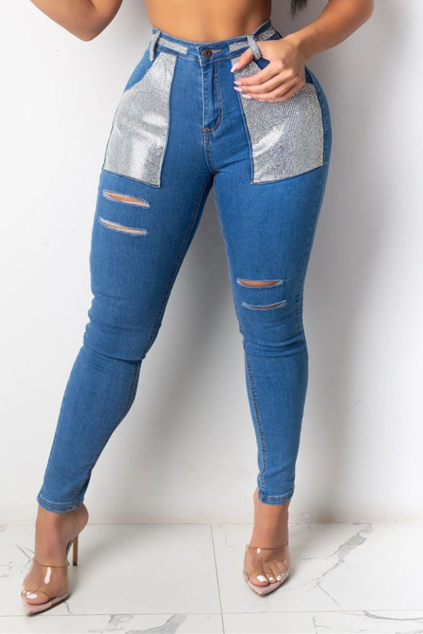Baby Blue Fashion Casual Patchwork Ripped Patchwork High Waist Skinny Jeans
