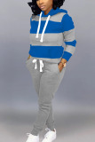 blue and yellow Casual Striped Split Joint Hooded Collar Long Sleeve Two Pieces
