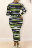 Green Sexy Striped O Neck Wrapped Skirt Dresses