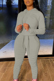 Grey Fashion Solid Fold Hooded Collar Long Sleeve Two Pieces