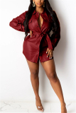 Red Fashion Sexy Solid With Belt Turndown Collar Long Sleeve Dresses