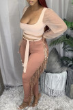 Pink Fashion Casual Patchwork Tassel Split Joint Skinny Trousers