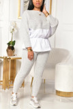 Grey Fashion Casual Patchwork Patchwork O Neck Long Sleeve Regular Sleeve Regular Two Pieces