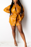 Yellow Fashion Sexy Solid With Belt Turndown Collar Long Sleeve Dresses