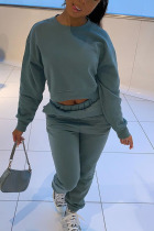 Green Casual Solid Long Sleeve Two Pieces