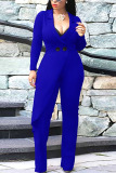 Blue Sexy Solid Turn-back Collar Regular Jumpsuits