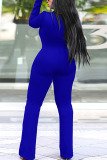Blue Sexy Solid Turn-back Collar Regular Jumpsuits