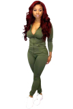 Army Green Polyester Fashion adult Active Casual Lightly cooked Zippered Two Piece Suits pencil Long Sleeve 