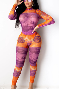 Orange Sexy Print O Neck Skinny Jumpsuits