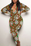 Green Sexy Party Patchwork Print Santa Claus V Neck Skinny Jumpsuits