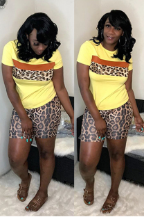 Yellow Fashion adult Casual Leopard Print Two Piece Suits Patchwork Straight Short Sleeve Two-Pi