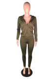 Army Green Polyester Fashion adult Active Casual Lightly cooked Zippered Two Piece Suits pencil Long Sleeve 