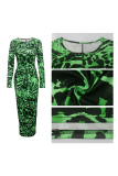 Green Sexy adult Fashion Cap Sleeve Long Sleeves O neck Pencil Dress Floor-Length Print Patchwor
