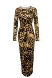 Green Sexy adult Fashion Cap Sleeve Long Sleeves O neck Pencil Dress Floor-Length Print Patchwor