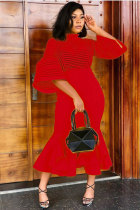 Red Fashion Half Sleeves Turtleneck Mermaid Mid-Calf ruffle 