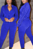 Royal blue Sexy Solid Patchwork Fold O Neck Long Sleeve Regular Sleeve Regular Two Pieces
