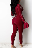 Wine Red Sexy Solid Bandage Split Joint O Neck Jumpsuits