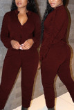 Wine Red Sexy Solid Patchwork Fold O Neck Long Sleeve Regular Sleeve Regular Two Pieces