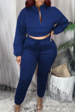Dark Blue Casual Solid Zipper Collar Long Sleeve Two Pieces