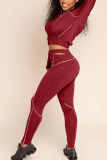 Wine Red Fashion Casual Solid Split Joint Mandarin Collar Long Sleeve Two Pieces